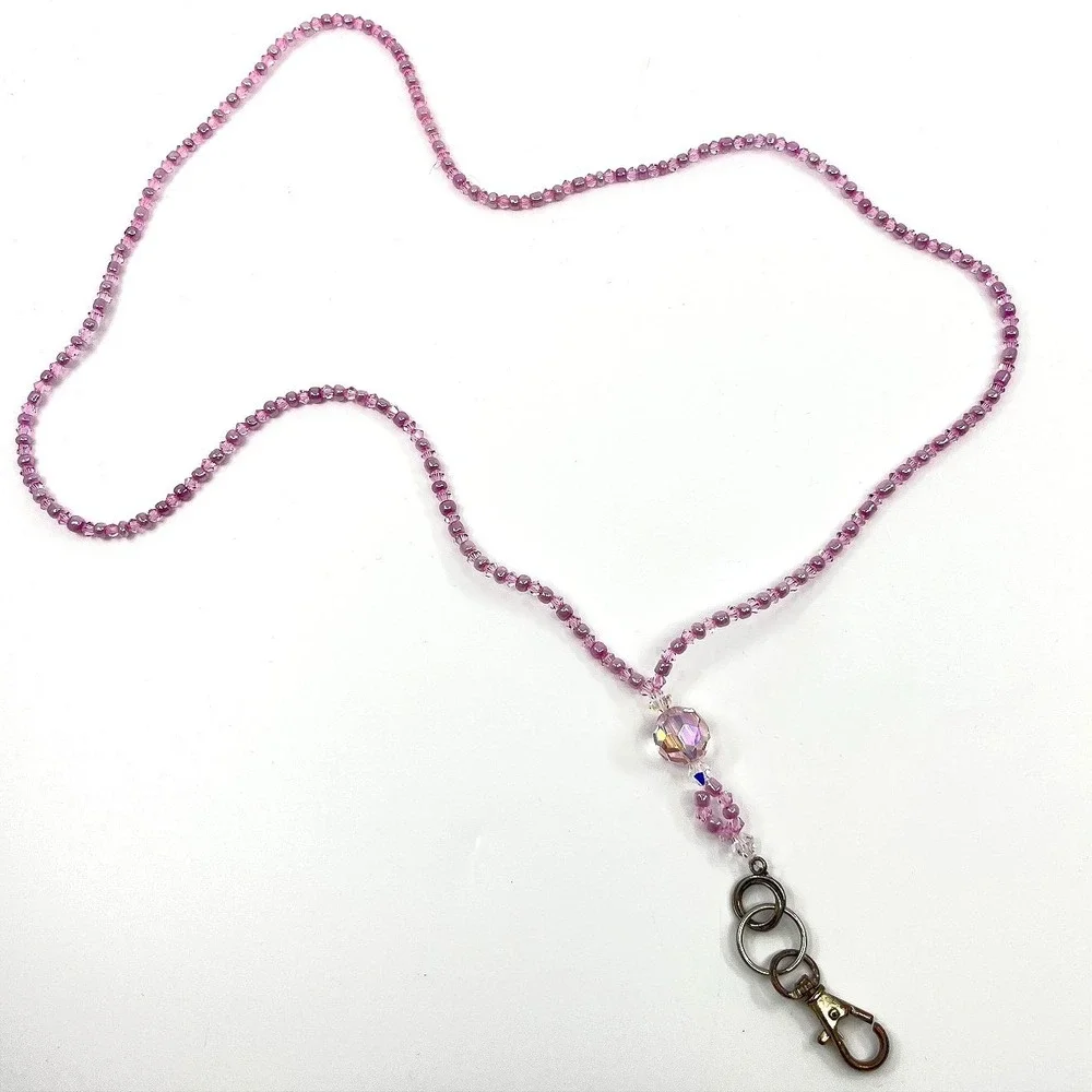Vintage Y2K Pink Crystal Beaded‎ Lanyard Necklace ID Badge Holder Retro Boho